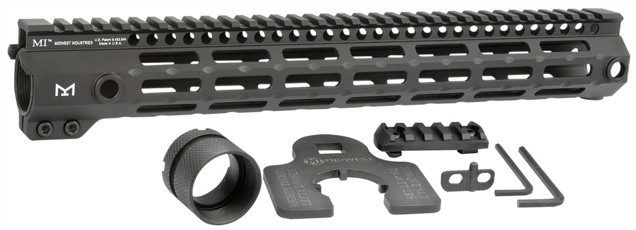 Midwest Industries G4 One Piece Free Float Handguard with M-LOK, barrel nut, wrench, and polymer rail accessories.